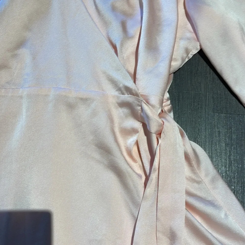 Halogen Light Pink Satin Faux Wrap Long Sleeve Shirt Dress - Picture 9 of 14